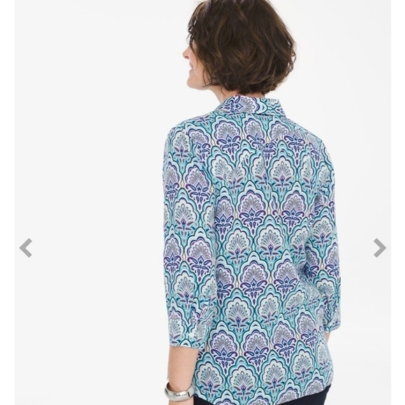 Chico's Scallop-Print Button Front No Iron Linen Shirt Size 0=8/10 Colorful - Picture 13 of 13